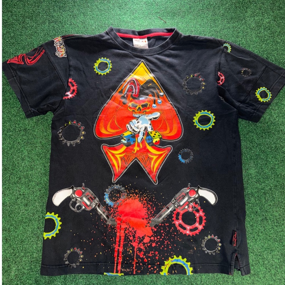 Pepe Jeans London Men XL Black Graphic T-Shirt Jester Skull Ace Revolver Dice